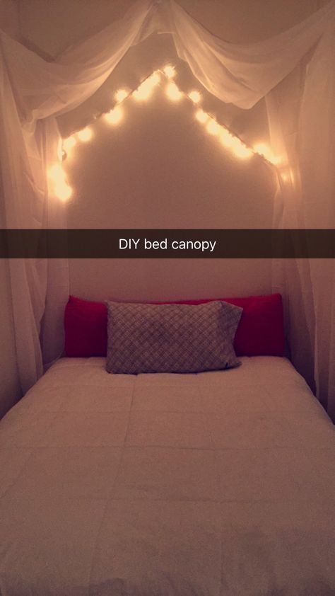 Did my own DIY canopy last night. Used white push pins and these 120 inch sheer white curtains I got on Rollback at Walmart ☺️☺️ #bed #canopy #DIY #Easy 💛💛💛💛 Canopy Bed Diy Command Hooks, Dorm Bed Curtains Diy, Diy Tulle Bed Canopy, Diy Bed Canopy Easy Dorm Room, Easy Canopy Bed Diy, Curtain Canopy Bed Diy, Diy Bed Canopy With Lights, Bed Curtains Diy, Sheer Bed Canopy