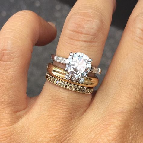 The 17 Best Wedding and Engagement Rings to Mix and Stack to Your Heart’s Desire Engagement Ring Instagram, Mixed Metal Wedding Rings, Mixed Metals Wedding, Gold Stacking Rings Wedding, Stacked Wedding Bands, Stackable Rings Wedding, Stacked Wedding Rings, Couple Wedding Rings, Beautiful Wedding Rings