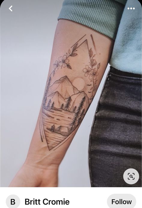 Travelling Tattoos For Women, Camping Scene Tattoo, Adventure Tattoo Nature, Wilderness Tattoo Women, Camping Tattoo Ideas, Mountain Sleeve Tattoo, Scenic Tattoo, 24 Tattoo, Wilderness Tattoo