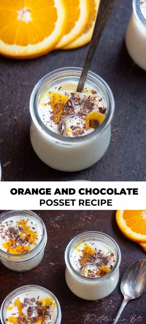 Orange and Chocolate Posset is the perfect, quick, and easy dessert when you are entertaining during the holidays! Creamy, Orangy, Chocolaty.  You may not know this, but we kind of love Possets here at the Adventure Bite. Seeing such simple ingredients come together into such a creamy, decadent dessert with less than 15 minutes of preparation is nothing but satisfying every time!   #easydessert #dessert #holidays Chocolate Posset, Orange Posset, Exotic Desserts, Posset Recipe, Orange And Chocolate, Dinner Yummy, Creamy Desserts, Orange Recipes, Best Desserts