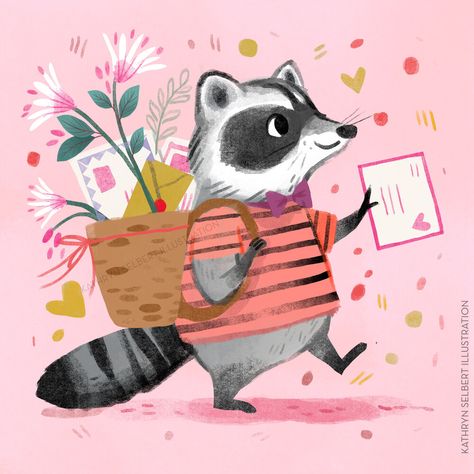 Racoon Illustration, Valentines Illustration, 동화 삽화, Animal Character, Cute Animal Illustration, Ipad Art, Racoon, Special Delivery, Childrens Illustrations