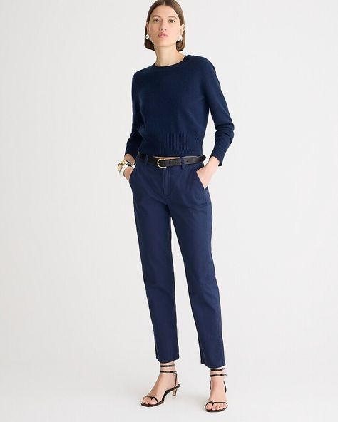 Kate straight-leg pant in chino Navy Chino Outfits Women, Dark Blue Pants Outfit Women, Chino Pants Women Outfit Work, Blue Chinos Outfit Women, Chinos Outfit Women, Chinos Women Outfit, Dark Blue Pants, Womens Chinos, Jcrew Collection