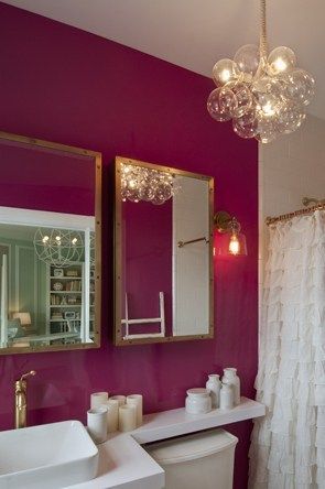 Magenta Bathroom, Farmhouse Bathroom Floor, Bathroom Design Farmhouse, Pink Wallpaper Bathroom, Bathrooms Cabinets, Tiburon California, Black Bathroom Floor, Black Bathroom Light, Black Faucet Bathroom