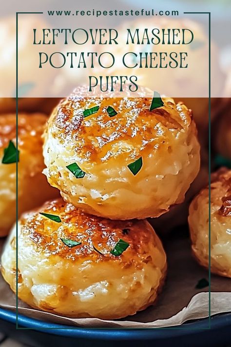 These delicious and crispy cheese puffs are a perfect way to use up leftover mashed potatoes. With a cheesy interior and a crunchy exterior, they make a delightful snack or side dish that everyone will love! Mash Potato Leftovers, Recipes For Leftover Mashed Potatoes Ideas, Brunch Potatoes Recipes, Using Up Leftover Mashed Potatoes, Leftover Mashed Potato Ideas, Creamy Potato Puffs, Leftover Mashed Potatoes Cheese Puffs, How To Use Up Leftover Mashed Potatoes, Things To Do With Leftover Mashed Potatoes