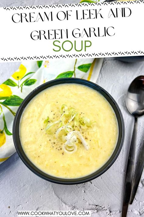 Cream of Leek and Green Garlic Soup Spring Soup, Spring Soups, Green Garlic, Garlic Soup, Garlic Potatoes, Cubed Potatoes, Leek Soup, Chicken Pasta Salad, Easy Soup