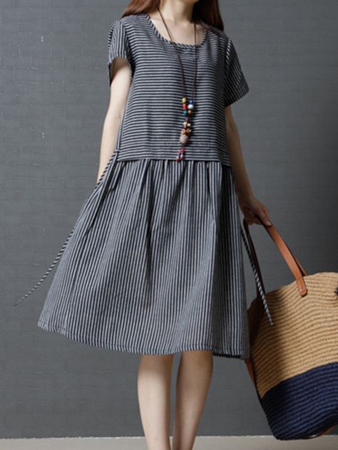 Tunik Linen, Plus Size Casual Dresses, Striped Casual Dresses, Куклы American Girl, Chique Outfit, Dresses Short Sleeve, Linen Sundress, Linen Casual, Short Dresses Casual