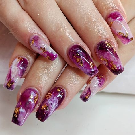 Lauren on Instagram: “Marble nails with gold leaf 😍 @emmarachelann #beautybylaurennorwich #beautybylauren #marblenails #coffinnails #purplenails #goldleaf…” Nails With Gold Leaf, Marble Nails With Gold, Purple And Gold Marble, Purple Marble Nails, Luxury Purple, Nails With Gold, Golden Nails, Marble Nail, Polygel Nails