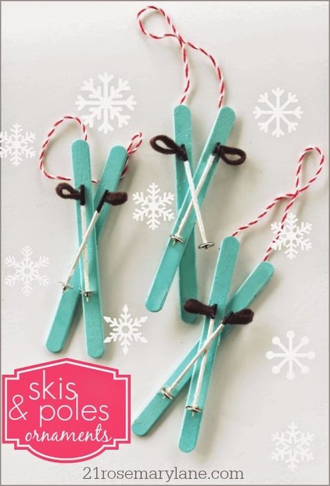 21 Rosemary Lane: How to Make a Miniature Skis with Poles Ornament. Some other versions use toothpick or wire for the poles and embellish with bells, greenery or jute. Red skis with green poles are very cute. Here's another tutorial that was helpful for the ski poles- https://www.youtube.com/watch?v=YDjvXRuMqFg Sticks Craft, Craft Sticks, Popsicle Stick Crafts, Craft Paint, Living Magazine, Handmade Christmas Decorations, Christmas Ornaments Homemade, Christmas Ornament Crafts, Handmade Christmas Ornaments