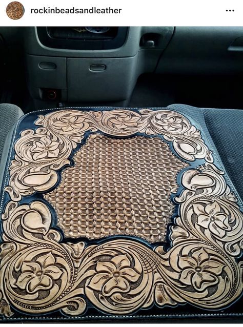 Handmade leather truck console cover Leather Console Cover, Truck Headliner Ideas Western, Tooled Leather Car Interior, Western Headliner Truck, Tooled Leather Center Console Cover, Tooled Leather Checkbook Cover, Handmade Leather Work, Custom Leather Work, Leather Working Patterns