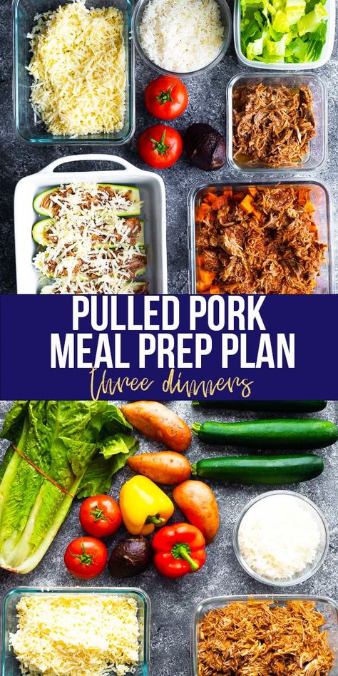 Turn a pork shoulder into three dinner recipes with this pulled pork meal prep plan! With a printable shopping list and video demo to help you, spend 1 hour or less of active prep time to save a ton of time during the work week. #sweetpeasandsaffron #mealprep #pulledpork Pulled Pork Meal Prep, Pork Meal Prep, Healthy Pulled Pork, Sweet Potato Skillet Recipes, Meal Prep Plan, Saffron Recipes, Slow Cooker Freezer Meals, Sweet Potato Skillet, Crockpot Pulled Pork