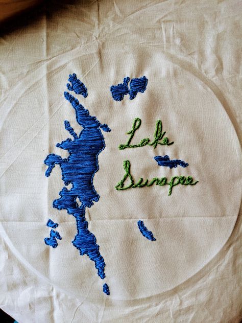 Lake Sunapee, New Hampshire Embroidery that I did. Lake Embroidery Designs, Lake Embroidery, Embroidery Map, Embroidery Bookmark, Backyard Waterfall, Hoodie Embroidery, Being A Grandma, Learning To Embroider, Lake Map