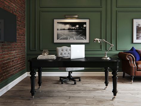 English style office on Behance English Style Office, Victorian Office Decor, Green Office Walls, English Style Interior, Industrial Apartment Decor, Studio In Casa, Manor Interior, Home Office Furniture Design, Industrial Home Offices