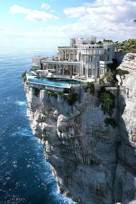 Massive modern palace mansion on a cliff. Check out all of these massive houses that blend luxury with functionality–the grandeur of luxury dream living. Modern Hillside Mansion, Beautiful Houses Modern Luxury, Futuristic Palace, Modern Mansion Luxury, Modern Castle House, Big Houses Mansions, Castle House Modern, Ocean Homes, Cliff Houses