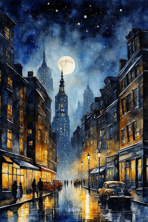 Moon starry night mysterious cityscape inspired by old New York, watercolor painting style Night Cityscape Painting, Night City Watercolor, Night City Painting Acrylic Easy, City Lights Watercolor Painting, New York Watercolor Painting, Buildings At Night Painting, Painting Of Buildings At Night, New York Watercolor, City Sketches