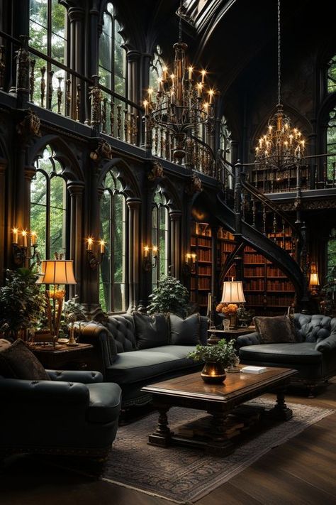 whimsigoth house Victorian Homes Aesthetic Dark, Regal House Aesthetic, Gothic Houses Victorian, Medieval Castle Exterior, Dark Academia Architecture Exterior, Modern Goth Interior, Gothic Victorian Homes Interior, French Victorian House, Dark Home Library