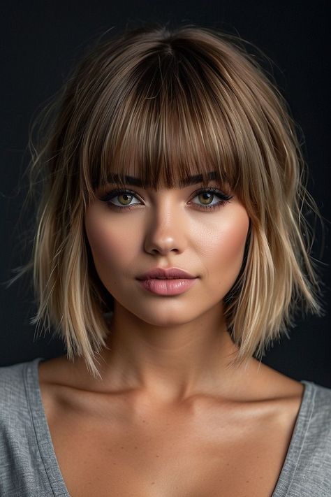 Round Face Haircuts Blonde, Haircuts For Round Faces And Fine Hair, Lob Haircut With Bangs Fine Hair, Bob With Fringe Thick Hair, Lob With Fringe Fine Hair, Choppy Lob With Bangs, Lob With Bangs Fine Hair, Bobs With Fringe, Bob Hairstyles Choppy