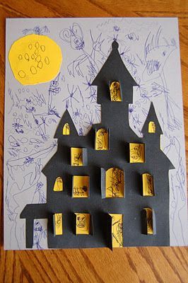 Haunted house craft. kids Halloween Project Idea // Haunted House Pictures, Halloween Cut Outs, Haunted House Craft, Hallowen Ideas, Adornos Halloween, Theme Halloween, Halloween Haunted Houses, Halloween Crafts For Kids, Crafts With Pictures