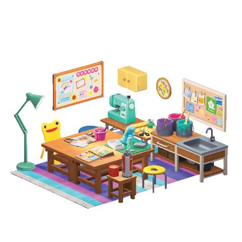 Animal Crossing Art Room, Animal Crossing Laundromat, Acnh Cardboard Design, Acnh Art Room, Acnh Craft Room, Colorful Acnh Island, Small Space Fillers Animal Crossing, Acnh Kidcore Builds, Acnh Retro