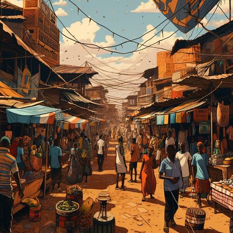 People are all through the streets getting what they need handled, handled for the day, they are resilient in achieving their goals as well. The people are seen doing everyday tasks. African Village Art, African Market Scene, Alakh Niranjan, African Animation, Kenyan Art, Diwali Board, Resilient People, African Hut, African City