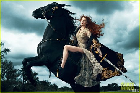 Florence Welch holds onto a sword while riding a black horse in this new fashion feature for Vogue's 120 List in the mag's September 2012 issue. Florence Welsh, Billy Joe Armstrong, Norman Jean Roy, Annie Leibovitz Photography, Rodney Smith, Florence Welch, Florence The Machines, Annie Leibovitz, Vogue Us