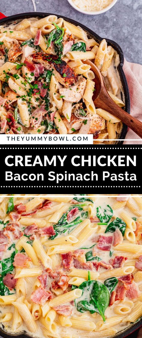 Chicken Bacon Spinach Pasta Recipes, Chicken Bacon Tomato Spinach Pasta, Creamy Chicken Bacon Spinach Pasta, Cooked Chicken And Spinach Recipes, Creamy Chicken Spinach Pasta Recipes, Chicken Bacon Spinach Recipes, Chicken Bacon Spinach Penne Pasta, Chicken Bacon Spinach Alfredo, Chicken And Bacon Pasta With Spinach