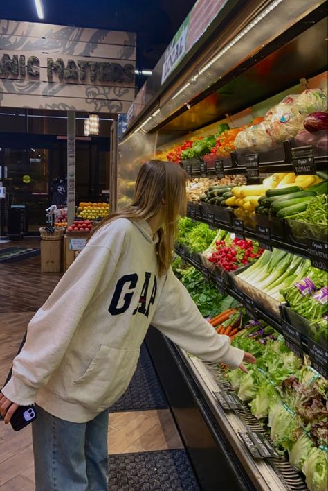 girl, grocery store, vegetables, fruit, gap hoodie, blue jeans, shopping, greens, aesthetic, healthy, vegetarian Gap Sweatshirt Outfit Aesthetic, Gap Aesthetic Outfit, Gap Jacket Outfit Aesthetic, Gap Outfits Aesthetic, Gap Hoodie Outfit Woman, Gap Hoodie Aesthetic, Gap Sweatshirt Outfit, Hoodie Girl Aesthetic, Gap Aesthetic