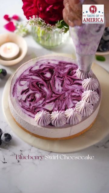 BOUTOUNNOU || 27 || 🌱♥️ on Instagram: "YAY or NAY?💓 U.S. Blueberry Swirl Cheesecake😍 So beautiful 🥰 follow me for more deliciousness 😋 No bake, simple and so good with frozen U.S. blueberries😍by @passionateaboutbaking ♥️ What do you think 🤔 ⠀ ⭐️ Follow me 👉 @pastry_creation_1 for healthy simple vegan, recipes that will help you lose weight, and feel great 👆 ⭐️ For the recipe link Dm me 😋 (@pastry_creation_1 )😍 ⠀ ⭐️ Tag a friend who would love this recipes! ⠀ I wish you a lovely Friday Blueberry Cheesecake Design, Cheesecake Decoration Design, Blueberry Swirl Cheesecake, Simple Vegan Recipes, Swirl Cheesecake, Dessert Boxes, Blueberry Cheesecake, Vegan Cake, Strawberry Cake