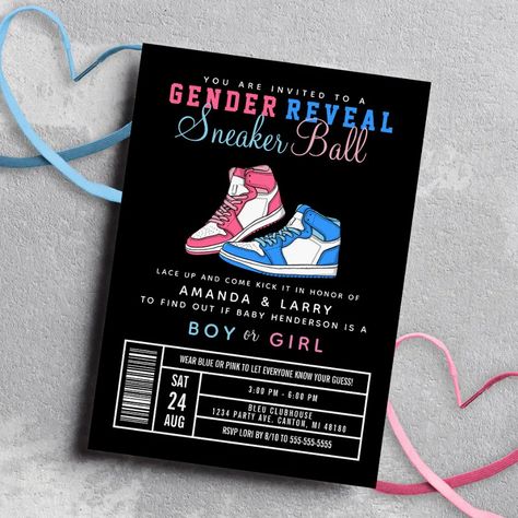 Sneaker Ball Gender Reveal Blue or Pink Sneaker Invitation  Zazzle Unique Gender Reveal Party Ideas, Gender Reveal Baby Shower Themes, Baby Gender Reveal Party Decorations, Gender Reveal Unique, Sneaker Ball, Gender Reveal Party Theme, Gender Reveal Themes, Gender Reveal Party Invitations, Girl Gender Reveal