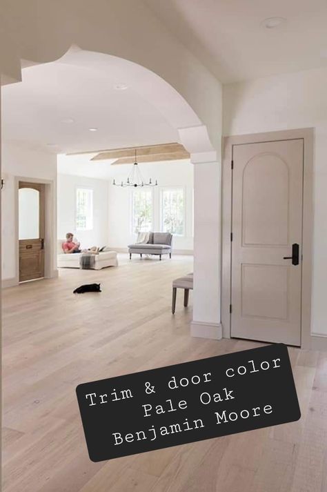 Non White Doors And Trim, Pale Oak And Alabaster, Pale Oak Trim Color, Bm Pale Oak Kitchen, Pale Oak Doors And Trim, Pale Oak With Wood Trim, Pale Oak Trim And Doors, Pale Oak Wainscoting, Trim Color With Pale Oak Walls