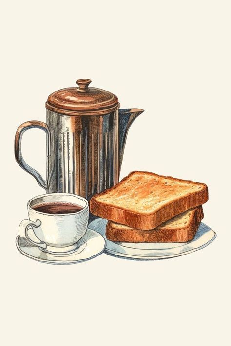 Coffee And Toast, One Bridesmaid, Coffee Artwork, Food Clipart, Food Illustration Art, Coffee Drawing, Watercolor Food, Coffee Illustration, French Press Coffee