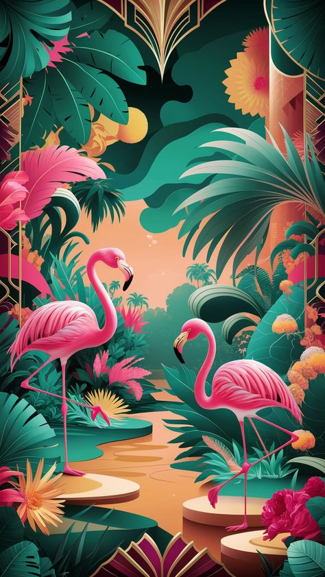 Dive into a vibrant tropical paradise with our digital illustration, where pink flamingos gracefully dance among oversized foliage. This Fauvist-inspired artwork blends deep greens, bright pinks, and sunny yellows, infused with Art Deco elegance and surreal elements like floating palm trees. Perfect for stylish wallpaper, this piece radiates warmth, joy, and exotic beauty. #TropicalArt #DigitalIllustration #Fauvism #ArtDeco #Flamingos Tropical Jungle Illustration, Flamingos Art Illustration, Tropical Collage, Surreal Elements, Flamingo Illustration, Jungle Illustration, Stylish Wallpaper, Flamingo Art, Tropical Party