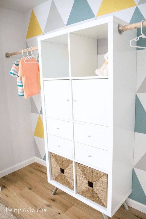 Twin boys’ custom closet — an IKEA KALLAX hack | IKEA Hackers | Bloglovin’ Kallax Closet, Ikea Beds, Kallax Ideas, Twin Boys Room, Ikea Closet Hack, Ikea Hack Storage, Ikea 2015, Diy Custom Closet, Closet Ikea