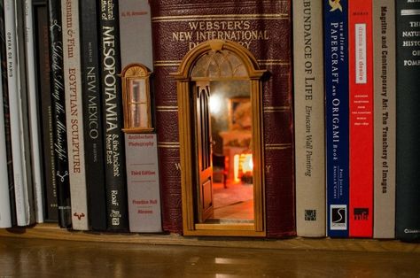 This room inside a dictionary with a soothing glow coming from it. 15 Photos Of Book Nook Shelf Inserts That Might Inspire Your Next DIY Craft Project Bookshelf Art, Book Origami, Miniature Rooms, Fairy Book, House Book, Fairy Doors, Book Nook, Miniature Houses, Miniature Books