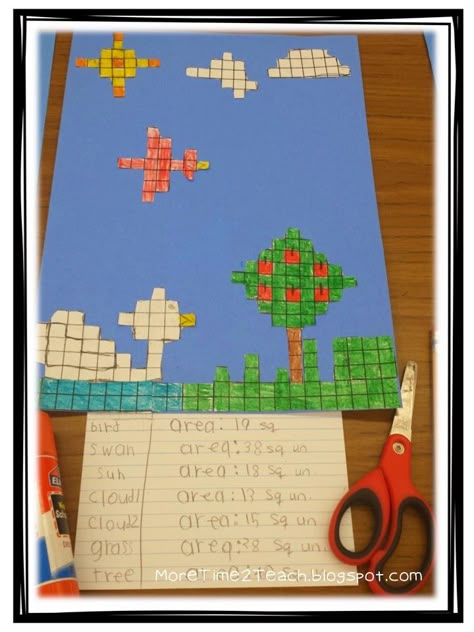 Last week we wrapped up our unit on area and perimeter. Let me just say that it was a breath of fresh air after struggling through elapsed time. I think by this point we ALL needed an easier topic to tackle.  … I know I sure did! Luckily enough, area and perimeter was the next concept on our pacing guides. I knew this topic tends to come easier for 3rd graders. These are also skills that kids enjoy learning about and lends itself BEAUTIFULLY to hands on learning. So that’s exactly what we did... Teaching Area, Grade 4 Math, Grade 3 Math, Area Perimeter, Maths Area, Grid Art, Math Measurement, Maths Ideas, Area And Perimeter