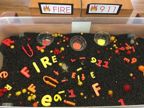 Fire Safety Sensory Table, Sensory Table Community Helpers, Fire Safety Week Sensory Bin, Fire Safety Water Table, Safety Sensory Activities, Fire Safety Prek Activities, Fire Safety Preschool Sensory Table, Preschool Fireman Activities, Fire And Police Activities Preschool