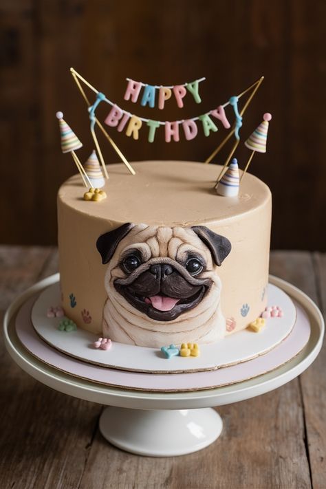 Cheerful Pug Cake Designs for a Memorable Birthday Pug Cake Topper, Pug Themed Birthday Party, Birthday Cake Dog Design, Dog Birthday Cake Design, Pug Cakes, Birthday Cake Puppy, Pug Birthday Party, Pug Birthday Cake, Birthday Cake Dog