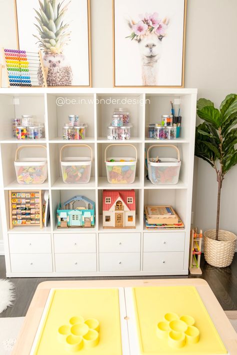 Corner Playroom Storage, Kallax In Playroom, Children Craft Storage, Playroom Ideas Ikea Storage, Toy Storage For Bedroom Children, Playeoom Storage, Playroom Stackable Storage, Church Nursery Toy Storage, Playroom Storage Ideas Ikea