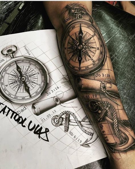 Foto 1 Nautical Tattoo Sleeve, Small Watercolor Tattoo, Tato Flash, Pirate Tattoo, Map Compass, Map Tattoos, Forearm Sleeve Tattoos, Nautical Tattoo, Inspiration Tattoos