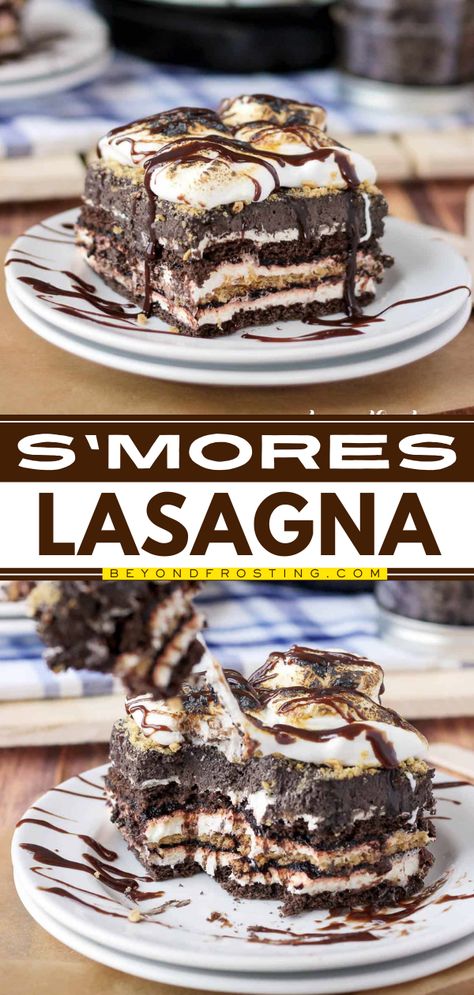 Get ready for this no-bake S'mores Lasagna! Everyone will love this chocolate lasagna. Layered with graham crackers, pudding, and more, this ice box cake is a fun summer dessert! Save this no-bake dessert recipe for an amazing 4th of July treat! Marshmallow Mousse, Pudding Bars, Cracker Chocolate, Smore Recipes, Icing Recipes, Chocolate Whipped Cream, Bake Dessert, Icebox Cake, Tasty Baking