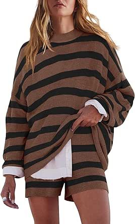 LAMISSCHE Womens Oversized Lounge Sets 2 Piece Outfits Striped Matching Pajama Set Long Sleeve Sweater Set Sweater Sets Womens, Matching Pajama Set, Two Piece Loungewear, Pajama Set Long, Oversize Outfit, Womens Loungewear Sets, Matching Pajama, Sweat Set, Matching Pajamas