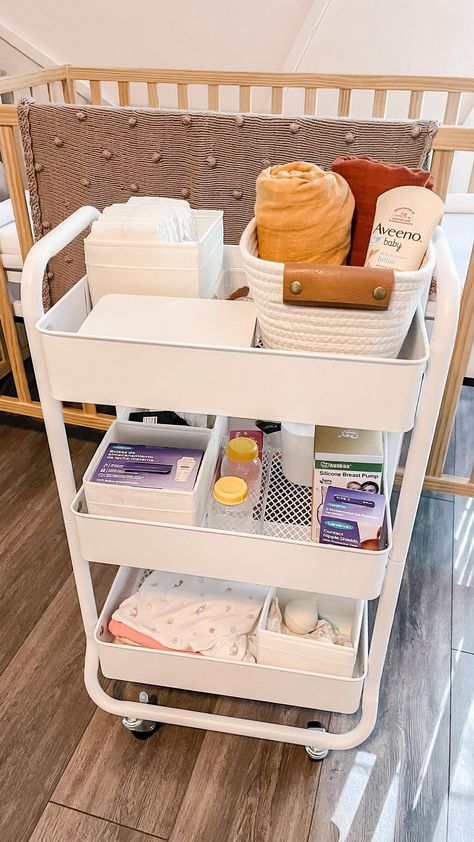 Post Partum Bedside Cart, Bedside Cart, Baby Cart Ideas, Bedside Cart For Baby, Diaper Cart, Nursing Cart, Baby Cart, Purple Baby Nursery, Nursing Carts