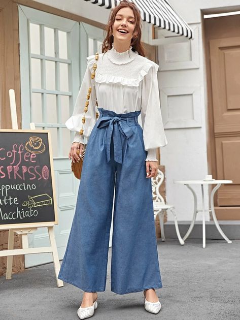 Paperbag Waist Wide Leg Pants | SHEIN USA Paper Bag Pants, Paper Bag Waist Pants, Bag Pants, Vintage Formal Dresses, Paperbag Pants, Pinterest Outfits, Women Pants, Type Of Pants, Lingerie Sleepwear