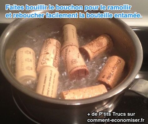 comment reboucher une bouteille de vin entamée / L'astuce consiste à le mettre dans l'eau bouillante pendant 10 min, pour le ramollir. Wine Cork Projects, Wine Cork Art, Cork Projects, Wine Bottle Corks, Cork Diy, Wine Craft, Cork Art, Wine Cork Crafts, Wine Corks