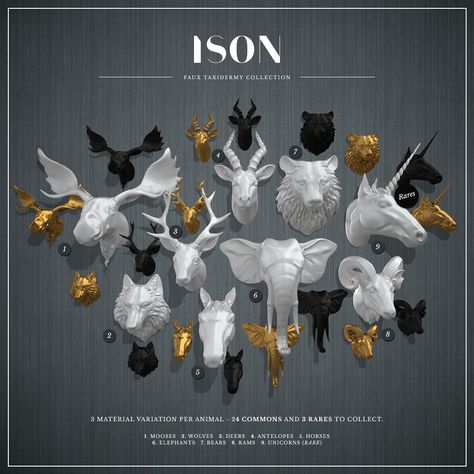 ISON - Faux Taxidermy Collection Sims 4 Taxidermy, Sims 4 Taxidermy Cc, Sims 4 Horse Ranch Cc, Taxidermy Collection, Sims Car, 4 Characters, Sims Ideas, Bull Horns, Sims 4 Characters