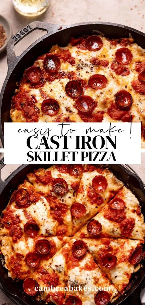 Skip the take-out pizza and make cast iron skillet pizza instead! This easy skillet pizza has a thick crust with a crispy bottom and a soft and chewy center. You can make it in 30 minutes with your favorite toppings for your next Friday night pizza! Iron Skillet Pizza, Cast Iron Skillet Recipes Dinner, Cast Iron Skillet Pizza, Friday Night Pizza, Deep Dish Pizza Recipe, Cast Iron Pizza, Skillet Pizza, Pizza Topping, Pizza Roll