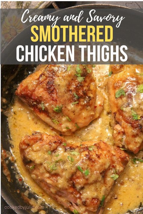 Creamy Smothered Chicken Thighs are the perfect dinner for a chilly night! They're full of flavor and super easy to make! #smotheredchicken #chickenthighs #chickenrecipes Creamy Smothered Chicken, Smothered Chicken Thighs, Chicken Thighs Boneless Skinless, Chicken Thigh Seasoning, Smothered Chicken Recipes, Healthy Chicken Thigh Recipes, Chicken Thights Recipes, Cream Sauce For Chicken, Chicken Thighs Recipes