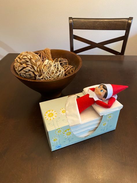 Elf sleeping in a Kleenex box Elf On The Shelf Tissue Box Bed, Elf On The Shelf Kleenex Box Bed, Elf On The Shelf Sleeping Bag, Elf Sleeping, Classroom Elf, Shelf Bed, Elf Shelf, Elf Magic, Elf Fun