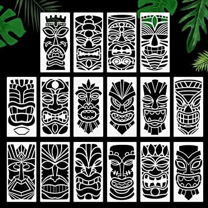 Tiki Pattern Design, Tiki Totem Diy, Tiki Boxes Diy, Tiki Faces Template, Tiki Stencil, Diy Tiki Decorations, Wood Carving Patterns Templates, Tiki Pattern, Beer Salt