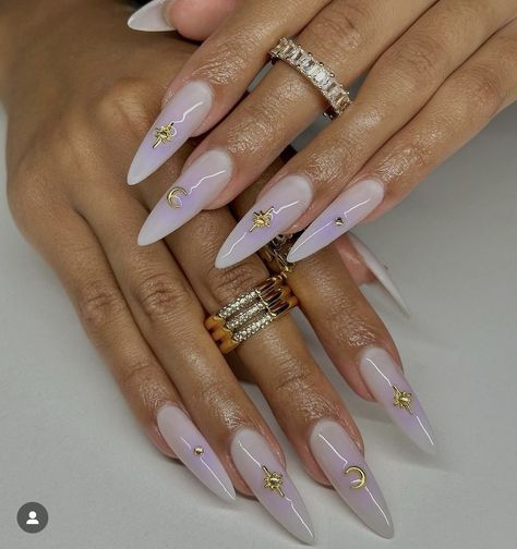 Long Almond Nails Purple, Almond Nails Aura, Almond Aura Nails, Hen Nails, Summer Nail Sets, Dark Almond Nails, Celestial Nails, La Travel, Long Almond Nails