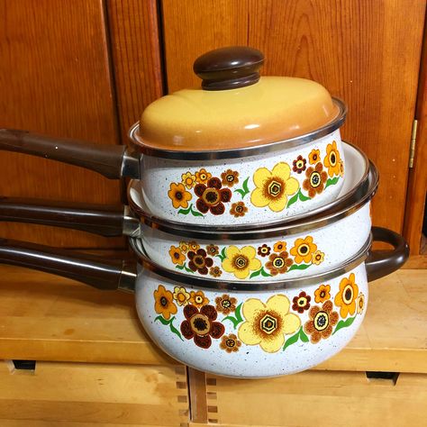 Love these funky old enamel cookware I found thrifting. Enamel Cookware Vintage, Cottagecore Cookware, Vintage Pots And Pans, Eclectic Kitchenware, Orange Cottagecore, Modern Cookware, Enamel Kitchenware, Hippie Kitchen, Retro Homes